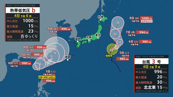 【ダブル台風】台風4号発生へ…今後の進路は？日本の南の台風のたまご＝熱帯低気圧が発達の見込み 台風3号は今後“温帯低気圧”に【気象庁・台風情報】4日22時更新　|　愛媛のニュース - Nスタえひめ｜あいテレビは6チャンネル
