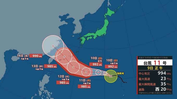 【台風11号】13日にかけて沖縄に接近の見込み　小笠原近海を時速20キロで西へ進む【雨風シミュレーション】小笠原諸島では強風や高波に警戒|TBS NEWS DIG
