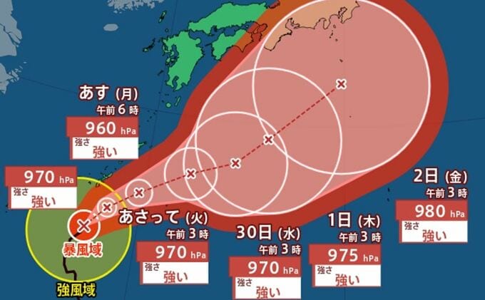 【台風情報】中心気圧955 hPa・最大瞬間風速 60 m/s　台風26号（スリゲ）非常に強い勢力に発達しながら沖縄接近へ　進路によって西日本でも大荒れとなるおそれ（10月2日にかけての降水シミュレーション）【27日9時50分発表】|TBS NEWS DIG