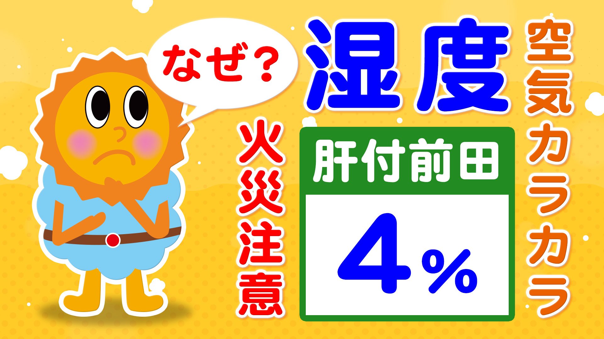 空気カラカラ】乾燥注意報発表中 最小湿度 肝付町前田4％ 肝付町