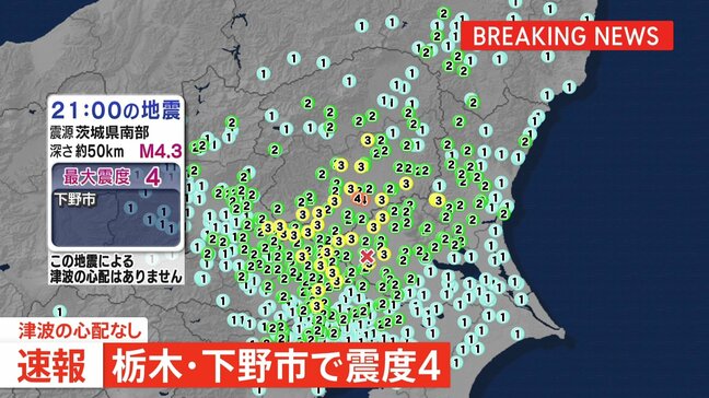 栃木県下野市で震度4の地震 津波の心配なし|TBS NEWS DIG