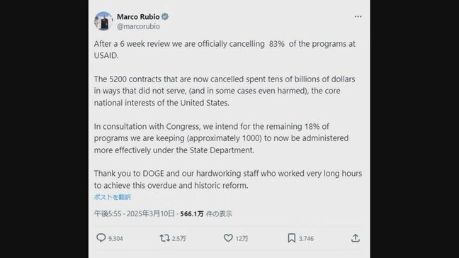 USAIDの事業の83%を打ち切り　ルビオ国務長官が表明|TBS NEWS DIG