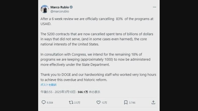 USAIDの事業の83%を打ち切り　ルビオ国務長官が表明|TBS NEWS DIG