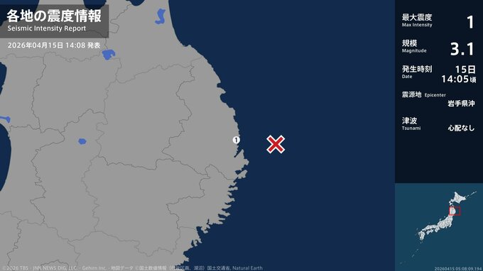 岩手県で最大震度1の地震　岩手県・宮古市|TBS NEWS DIG