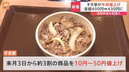 すき家が初の“深夜料金”を導入へ 午後10時～午前5時の間は料金7%上乗せ