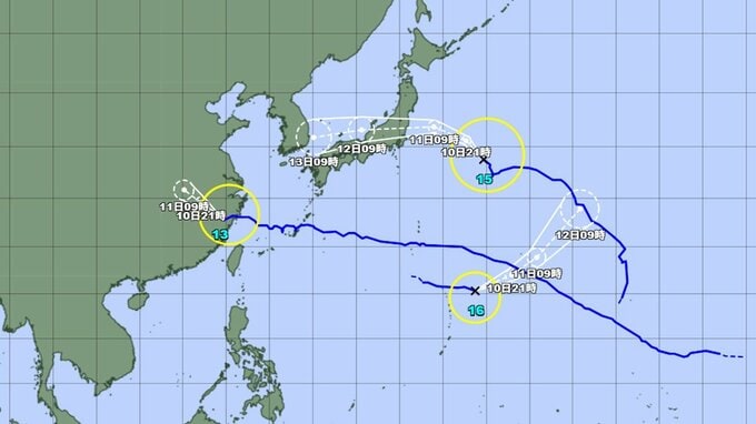 【トリプル台風情報】台風15号(チャンホン)は本州直撃の可能性も... 最大瞬間風速35m/s予想　東北への影響はどうなる？ 進路予想・勢力を詳しく　台風13号、台風16号の今後は？　全国の天気を画像で　気象庁　|　山形のニュース│TUYテレビユー山形