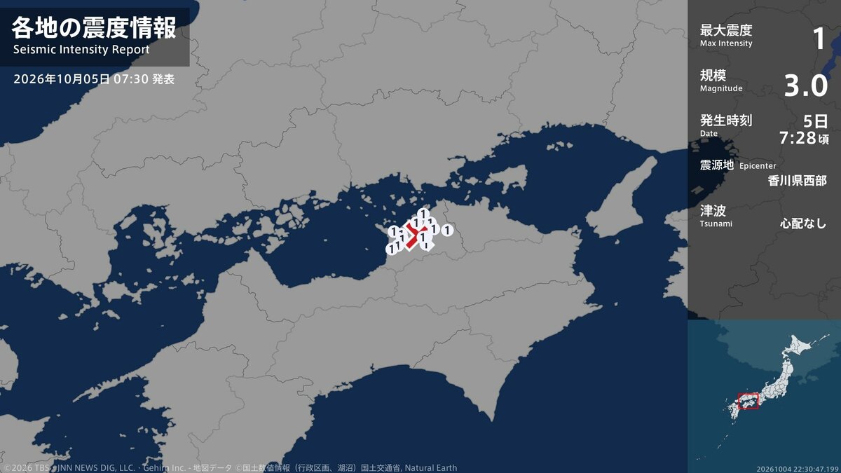 香川県で最大震度1の地震　香川県・丸亀市、観音寺市、三豊市、宇多津町、綾川町、琴平町、まんのう町