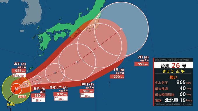 【台風情報】また本州に影響の可能性も…強い勢力の「台風26号(スリゲ)」最大瞬間風速60m/s 予想...10月7日までの雨風シミュレーション【気象庁27日12時45分発表】|TBS NEWS DIG