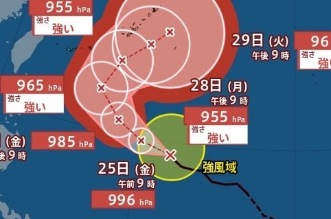 【台風情報】中心気圧955hPa・最大瞬間風速60m/s予想「台風26号(スリゲ)」北西に進む…今後、急カーブし本州に影響か　近畿・関東に接近の可能性　進路予想・10月5日(月)にかけての雨風シミュレーション【気象庁24日21時45分発表】|TBS NEWS DIG