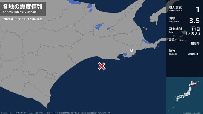 北海道で最大震度1の地震　北海道・浜中町|TBS NEWS DIG