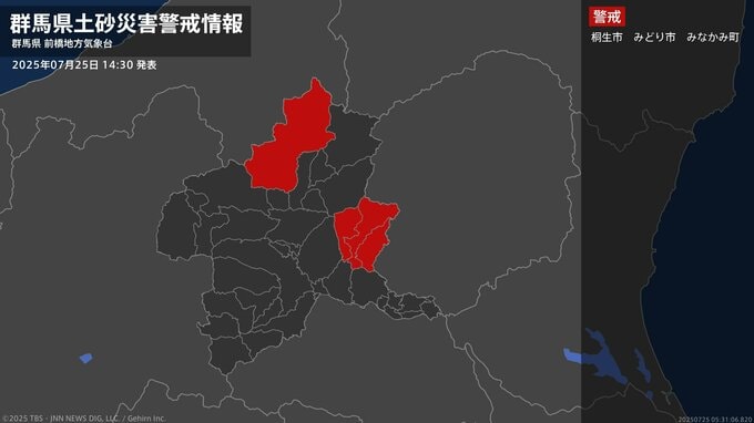 【土砂災害警戒情報】群馬県・桐生市、みどり市に発表 25日14:30時点|TBS NEWS DIG