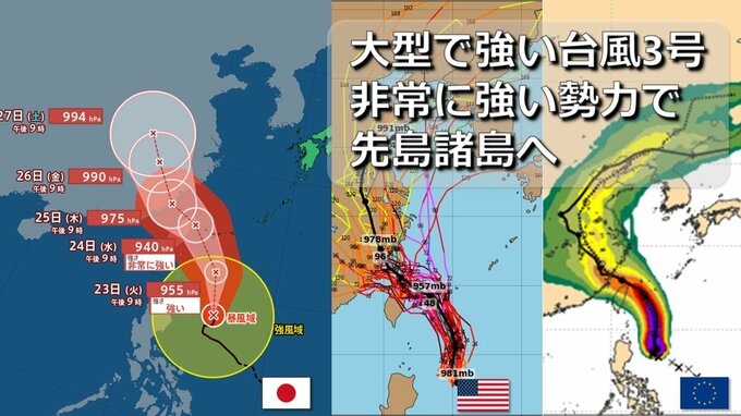 【台風情報】大型で強い台風3号北上中　発達ピーク “非常に強い勢力”で先島諸島を直撃のおそれ　欧米など海外予報機関の進路予想比較　大陸方面に向かった後の進路は【1時間ごと雨･暴風＆波シミュレーション】　|　RCC NEWS | 広島ニュース | RCC中国放送