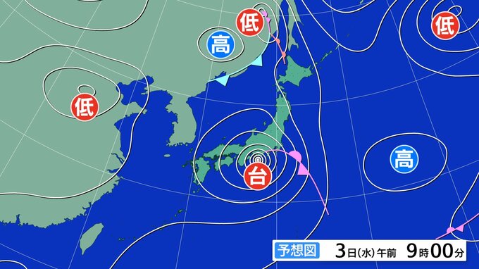 台風６号　３日明け方から昼過ぎに東海地方へ最接近の見込み　警報級の可能性も　静岡、愛知、三重県では線状降水帯が発生して大雨災害発生の危険度が急激に高まる可能性【風と雨のシミュレーション】　|　富山のニュース｜天気・防災｜チューリップテレビ
