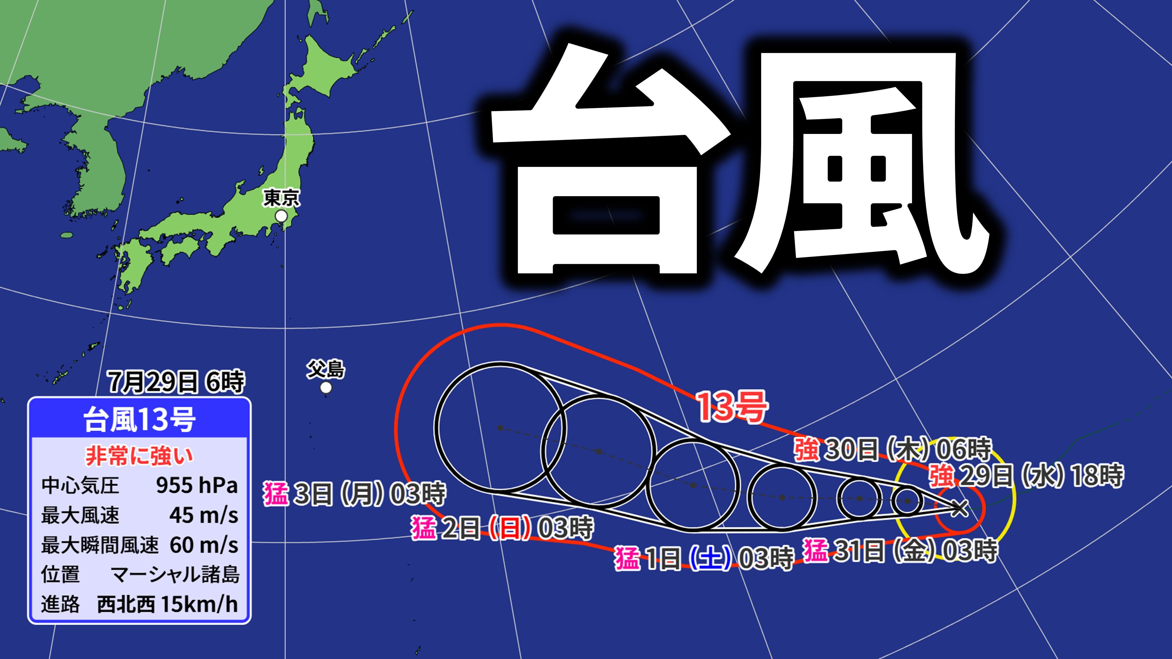台風 台風13号】最大瞬間風速85m・中心気圧905hPa予想 “猛烈な勢力”に発達へ