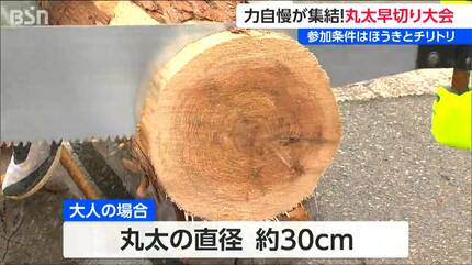 こんなにつらいと思わなかった」 直径30センチの丸太を特産ノコギリで