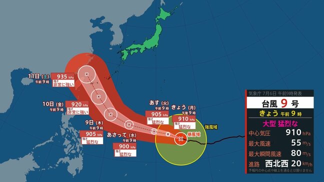 【台風情報】「大型で猛烈な」台風9号「バービー」最大瞬間風速85 m/s まで発達へ　梅雨前線を刺激するか　気象庁　日本への影響・今後の進路は　台風情報　※7月16日までの雨・風シミュレーション【6日（月）午前11時半更新】|TBS NEWS DIG