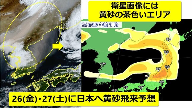 【黄砂情報】ゴールデンウィーク初日「黄砂」注意　26日(金)・27日(土)は北日本・東日本に飛来予想　衛星画像には茶色いエリア　気象庁「黄砂に関する情報」発表　アレルギーや呼吸器系疾患の方は注意【3時間ごと飛散予想】|TBS NEWS DIG