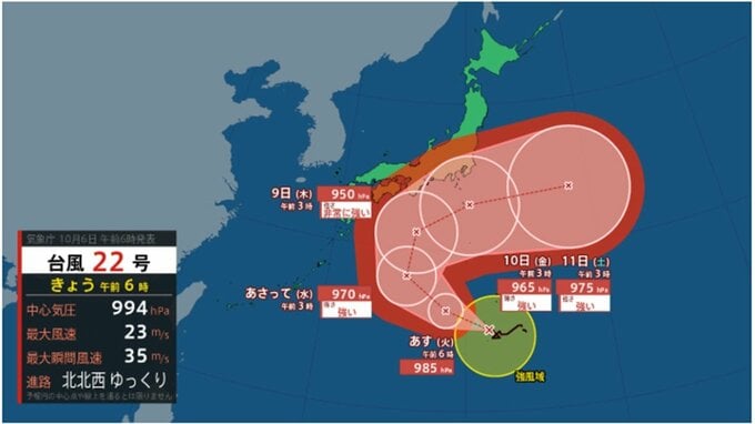 台風22号情報　急激な右カーブで日本列島に触れるように移動か　関東地方に向かう可能性も　最大瞬間風速60メートルまで発達予想　気象庁データで今後の進路と勢力を詳しく　全国主要都市週間天気も|TBS NEWS DIG