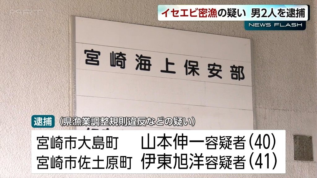 イセエビ23匹を密漁か  宮崎県漁業調整規則違反の疑いで男2人を逮捕