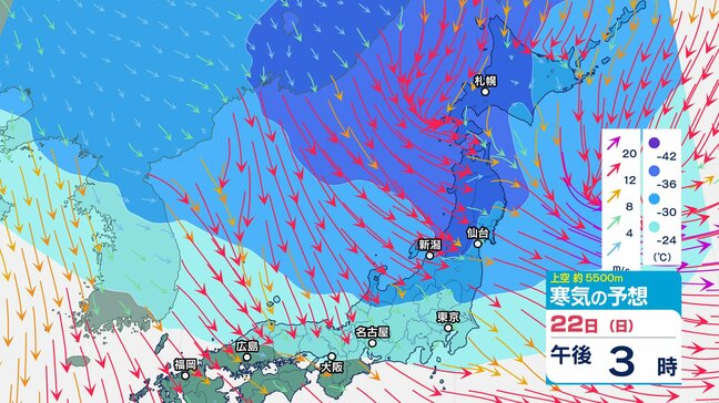 次の強烈寒波は22日頃から…上空約5500メートルに氷点下33度以下の寒気【 雪と雨のシミュレーション】大気の状態が非常に不安定へ　局地的に積乱雲の発達も|TBS NEWS DIG