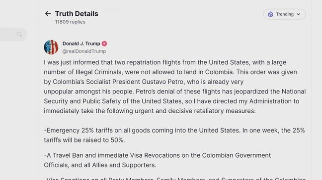 トランプ氏　コロンビアからの輸入品に関税25％　不法移民受け入れ拒否で報復措置「これらの措置は始まりにすぎない」|TBS NEWS DIG