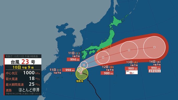 【台風情報】台風23号は奄美・九州南部に接近し12～13日ごろ伊豆諸島に接近の恐れ　暴風に厳重警戒 【進路予想・3時間ごとの雨と風のシミュレーション・10日午後9時45分発表】　|　新潟のニュース・天気｜BSN NEWS｜BSN新潟放送