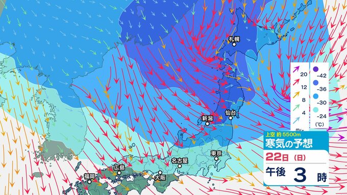 次の強烈寒波は22日頃から…上空約5500メートルに氷点下33度以下の寒気【 雪と雨のシミュレーション】大気の状態が非常に不安定へ　局地的に積乱雲の発達も|TBS NEWS DIG