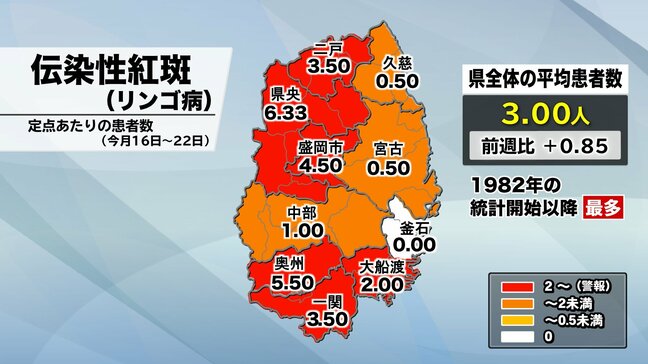 リンゴ病1定点患者数3.00人で過去最多　前の週を0.85上回る　「百日せき」はやや減少　岩手|TBS NEWS DIG