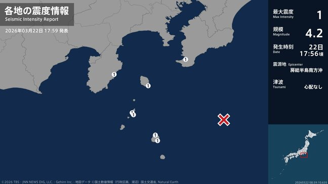 東京 千葉 静岡で最大震度1 房総半島南方沖が震源 マグニチュード4.2の地震 津波の心配なし|TBS NEWS DIG