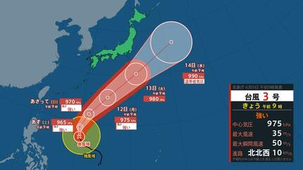 台風情報・9日午前10時現在】台風3号進路予想 12日（月）、13日（火