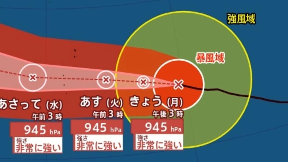 【台風13号（ドルフィン）】大型で非常に強い勢力に...最大瞬間風速65 m/s、中心気圧940hPa 今後の進路は？雨・風シミュレーション【気象庁台風情報3日午前3時45分発表】
