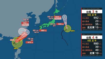 ダブル台風】台風4号は時速10キロで北東へ 【雨と風 シミュレーション