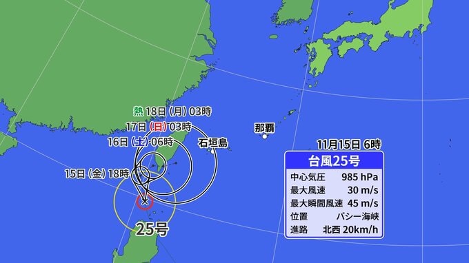 【台風情報】台風25号(ウサギ) カーブして沖縄方面へ 週末以降は沖縄の南でほとんど停滞し「警報級」大雨のおそれ【今後の進路と、雨風最新シミュレーション】|TBS NEWS DIG