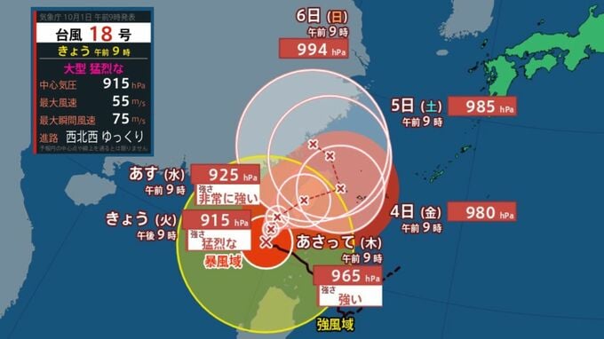 【台風情報】台風18号　大型で猛烈な台風に　ゆっくりとした速さで移動　迷走台風再び？　最新の進路と各地の天気（気象庁最新）|TBS NEWS DIG