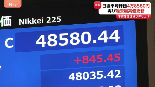 【速報】日経平均 9日終値4万8580円 最高値を更新 半導体関連株がけん引|TBS NEWS DIG