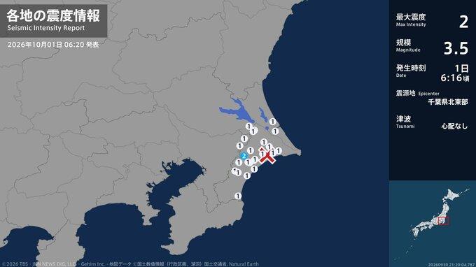 千葉県で最大震度2の地震　千葉県・芝山町|TBS NEWS DIG