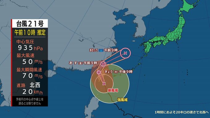 【全般台風情報（コンレイ）】中心気圧935ヘクトパスカル　台風第21号に関する情報　進路予想　1時間におよそ20キロの速さで北西へ　週末どうなる|TBS NEWS DIG