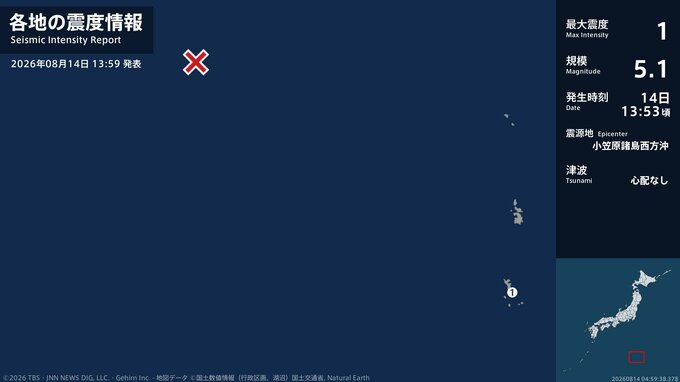 東京都で最大震度1の地震　東京都・小笠原村|TBS NEWS DIG