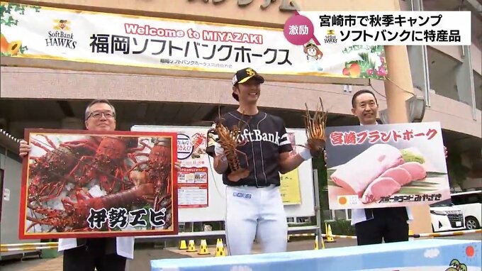 福岡ソフトバンクホークス　宮崎市で秋季キャンプ　地元から伊勢えびとブランドポークが贈呈　|　MRTニュース ｜ ＭＲＴ宮崎放送