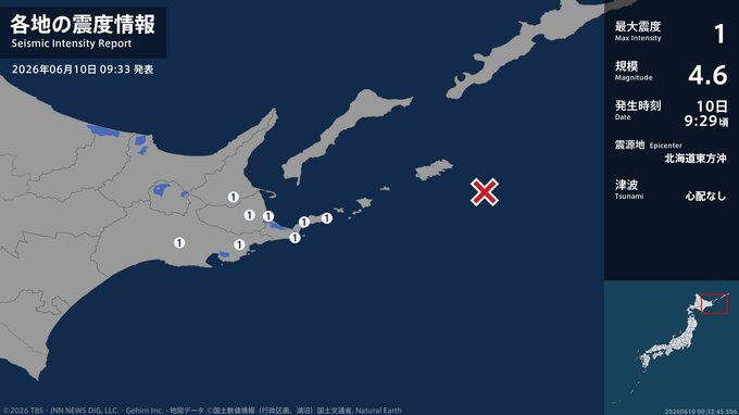 北海道で最大震度1の地震　北海道・浜中町、標茶町、中標津町、別海町、根室市|TBS NEWS DIG