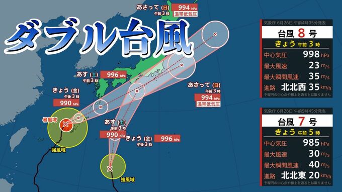 【台風情報】台風7号（メーカラー） と台風8号（ヒーゴス）のダブル台風　7号は沖縄本島に最接近　今後の進路は… （26日午前5時現在　気象庁）|TBS NEWS DIG