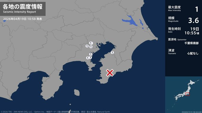 千葉県、東京都、神奈川県で最大震度1の地震　千葉県・市原市、東京都・東京世田谷区、神奈川県・横浜中区|TBS NEWS DIG