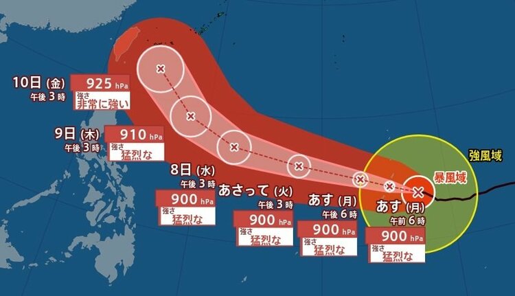 台風9号】「大型で猛烈な台風」に発達 6日(月)にも900hPa・最大瞬間