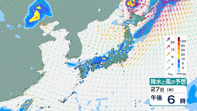 【気象情報】27日は北日本から西日本の広範囲で大気不安定…東北や関東甲信では100ミリの大雨予想、土砂災害などに警戒【雨と風のシミュレーション】|TBS NEWS DIG
