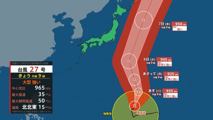 【台風情報】台風27号（チョーイワン）4日（日）には非常に強い勢力に 5日には最大瞬間風速70 m/sに発達予想|TBS NEWS DIG