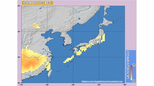 【黄砂情報】2日午後も日本列島に黄砂飛来か...12月2日~12月3日の黄砂シミュレーション 黄砂を上空から見たデータで確認 気象庁発表|TBS NEWS DIG