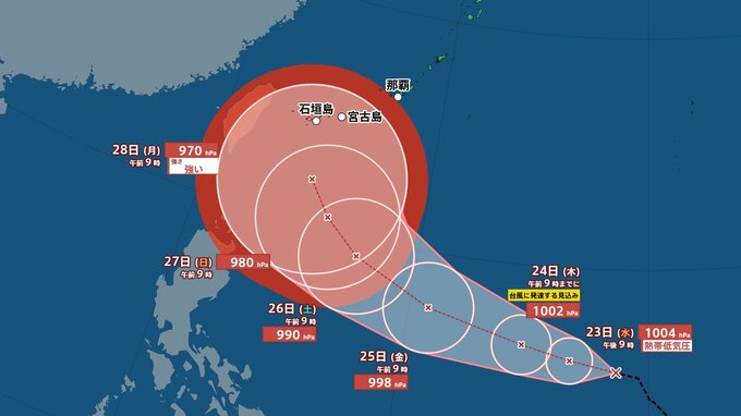 【台風情報】今後24時間以内に台風に発達へ　“台風のたまご”熱帯低気圧が発生　27日(日)ごろには沖縄の南に進む予想 | （23日午前9時最新）|TBS NEWS DIG