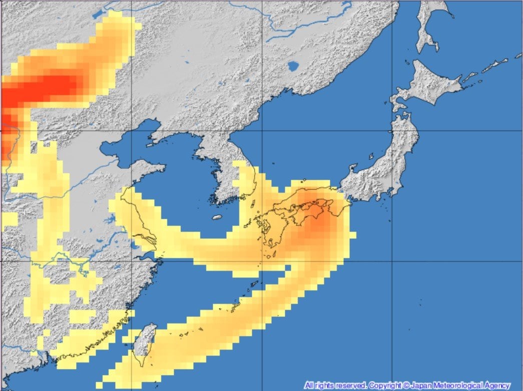 黄砂情報】25日から26日にかけて西日本から南西諸島で黄砂を予想 視程