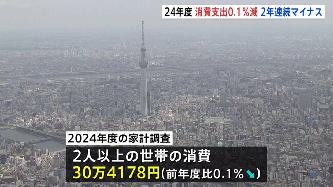 24年度の家計消費支出0.1％減少　マイナスは2年連続　物価高で節約志向続く　エンゲル係数は43年ぶり高水準|TBS NEWS DIG