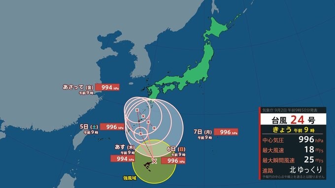 【台風情報】台風24号（クロヴァン）は北上のち南東へと「V字ターン」か（2日午前9時現在）秋雨前線活発化させ警報級の大雨の可能性「高い」地域も【雨風シミュレーション・警報級大雨の可能性（2日～7日）】|TBS NEWS DIG